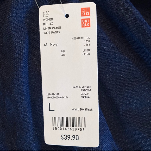 NEW Uniqlo Belted Linen Rayon Wide Pants High Waist Paper Bag Navy Blue Size L - Picture 11 of 11